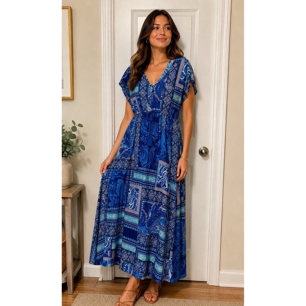 Christopher & Banks Blue Paisley Patchwork V-Neck Maxi‎ Dress XL Boho Tassel
